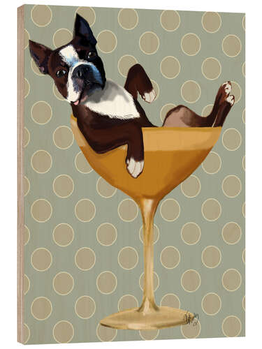 Puutaulu Boston Terrier in Cocktail Glass
