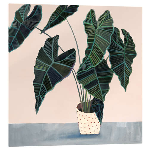 Tableau en verre acrylique Alocasia dans un pot à pois