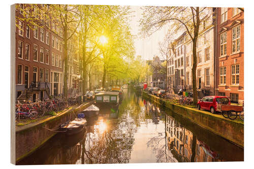 Hout print Sunrise in the Amsterdam canals