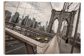 Hout print Brooklyn Bridge with yellow taxis