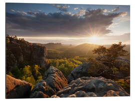 Tableau en aluminium Lever du soleil dans les montagnes de grès de l'Elbe