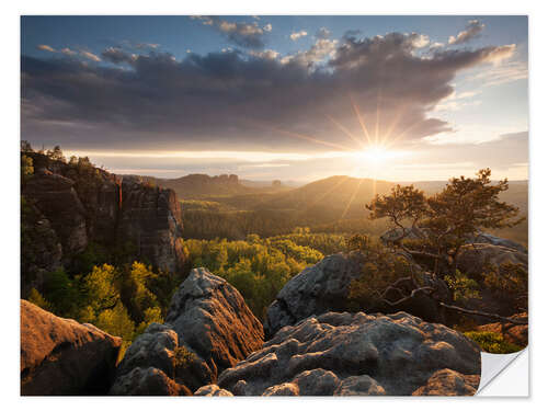 Selvklebende plakat Sunset in the Elbe Sandstone Mountains