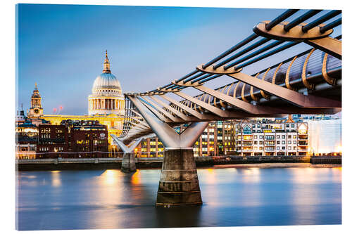 Acrylglasbild Millenium bridge und St Paul's in der Nacht, London