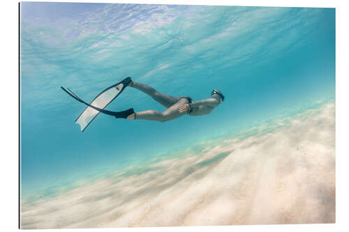 Galleritryck Woman dives in pastel blue water