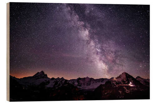 Holzbild Nachtlandschaft mit Schreckhorn, Fiescherhorn und Eiger