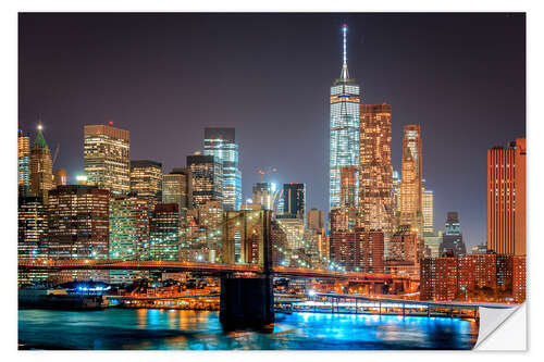 Selvklebende plakat Downtown Manhattan and Brooklyn Bridge