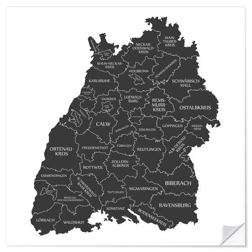 Selvklebende plakat Counties of Baden Württemberg