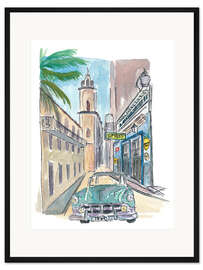 Gerahmter Kunstdruck Straße mit Oldtimer in Havanna