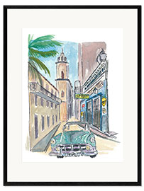 Ingelijste kunstdruk Street with vintage cars in Havana