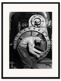 Gerahmter Kunstdruck Kraftwerksarbeiter an einer Dampfmaschine