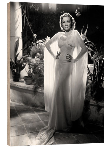 Holzbild Marlene Dietrich in Einem Weißen Chiffonkleid