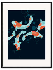 Gerahmter Kunstdruck Koi-Karpfen im schwarzen Teich