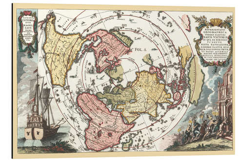 Aluminium print World map with Magellan’s circumnavigation 1702