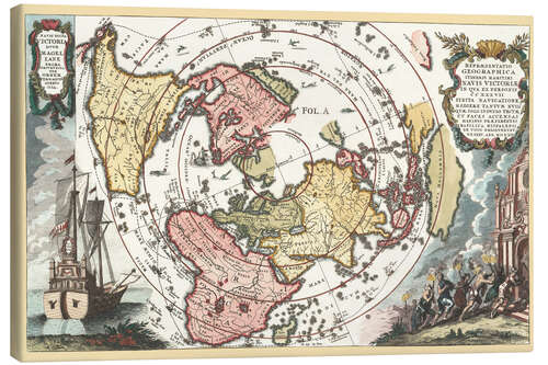 Canvas-taulu World map with Magellan's circumnavigation 1702