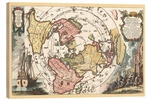 Wood print World map with Magellan’s circumnavigation 1702