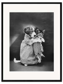 Gerahmter Kunstdruck Hund und Katz, vintage