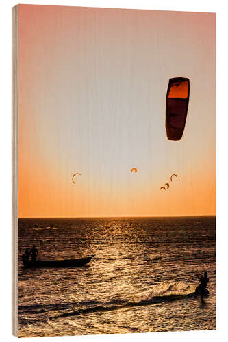 Wood print Kitesurfing in the sunset