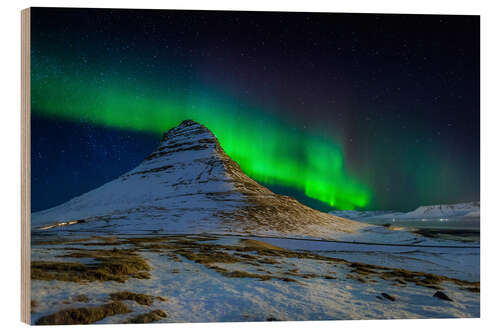 Hout print Aurora Borealis over the Kirkjufell