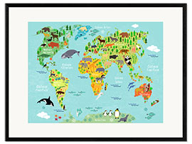 Ingelijste kunstdruk World Map of Animals (Spanish)