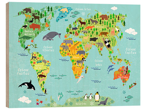 Wood print World Map of Animals (Spanish)