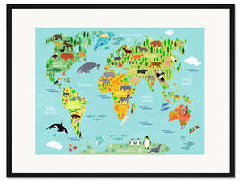 Gerahmter Kunstdruck Weltkarte der Tiere (schwedisch)