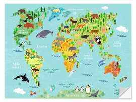 Selvklebende plakat World Map of Animals (Swedish)