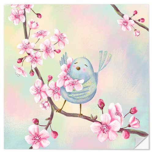 Selvklebende plakat Bird with cherry blossoms