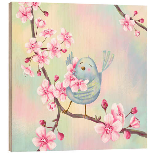 Wood print Bird with cherry blossoms