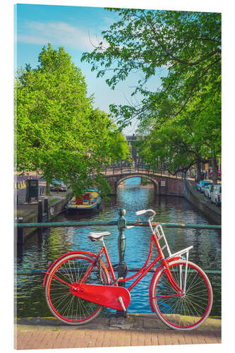 Acrylglasbild Rotes Fahrrad an einem Kanal von Amsterdam