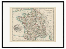 Impression artistique encadrée Carte de la France au 19e siècle (anglais)