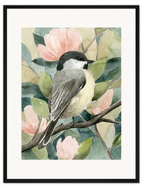 Gerahmter Kunstdruck Meise auf Magnolienzweig