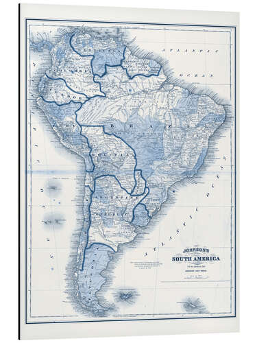 Aluminium print South America in blue tones