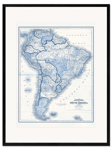 Framed art print South America in blue tones