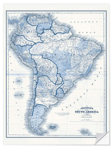 Selvklebende plakat South America in blue tones