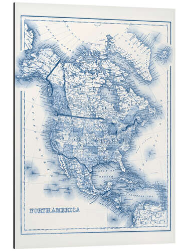 Aluminium print North America in blue tones