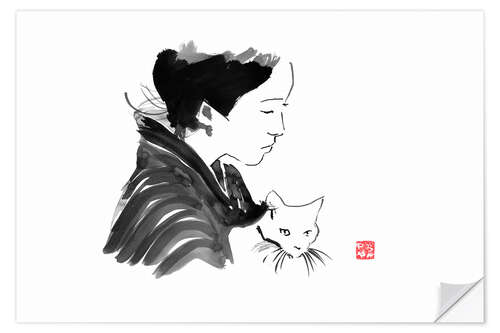 Muursticker Geisha with cat