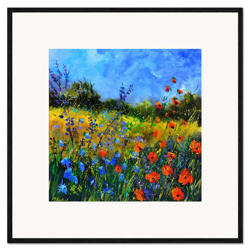 Kehystetty taidepainatus Blue sky over a wildflower field