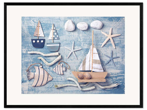 Impression artistique encadrée Décoration marine sur un fond en bois