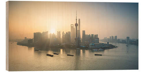 Holzbild Shanghai Skyline bei Sonnenaufgang