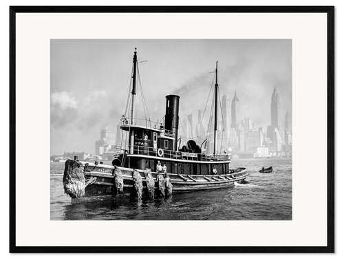 Ingelijste kunstdruk Tugboat in front of the Manhattan skyline