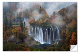 Selvklebende plakat Plitvice Lakes National Park with fog