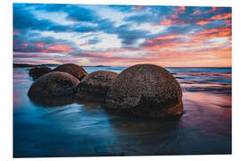 Foam board print Sunset at Moeraki Boulders in New Zealand