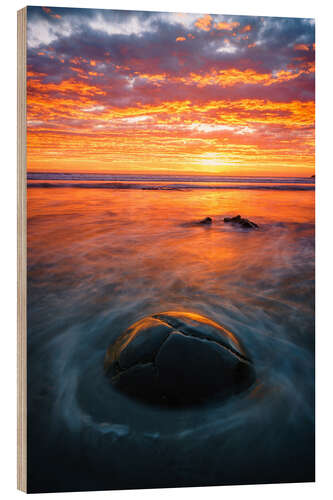 Tableau en bois Coucher de soleil sur les Moeraki Boulders