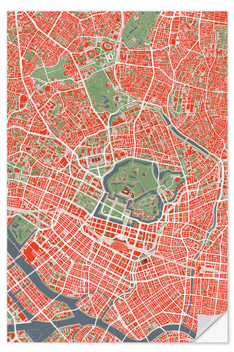 Selvklebende plakat City Map of Tokyo, Colourful