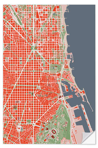 Selvklebende plakat City map of Barcelona, Colourful