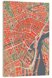 Hout print Plattegrond van Amsterdam, kleurrijk