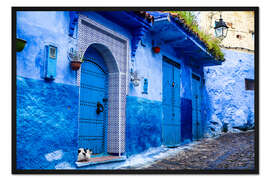Gerahmter Kunstdruck Blaue Tür in Chefchaouen, Marokko