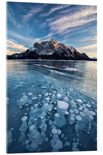 Tableau en verre acrylique Bulles de glace dans un lac au coucher du soleil