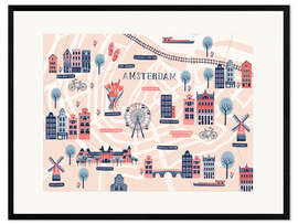 Kunsttryk i ramme Kort over Amsterdam