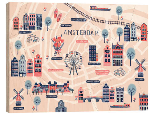 Wood print Map of Amsterdam